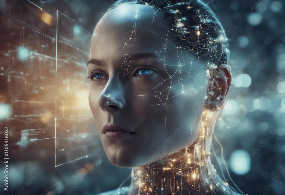 Poster digital artificial intelligence technology featuring a human head with interconnected neural network