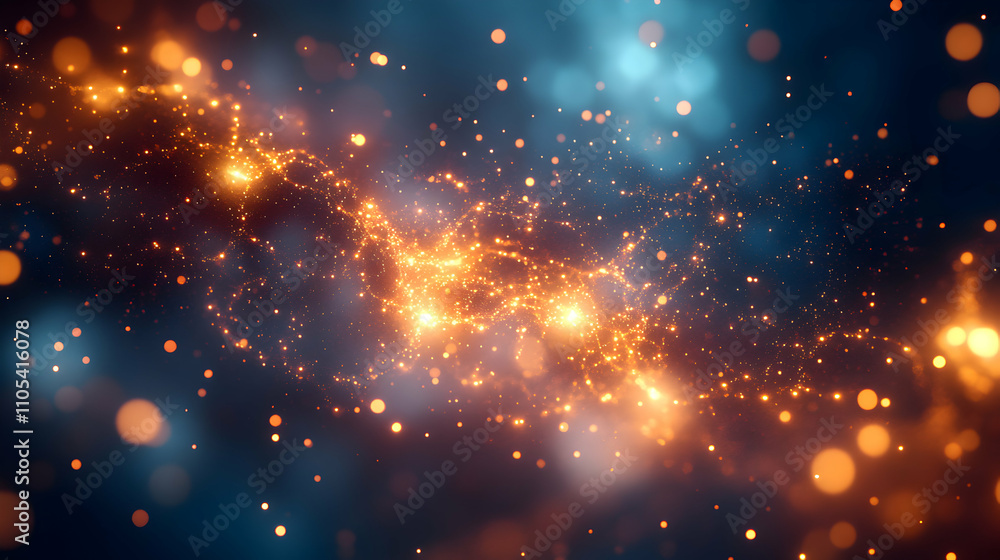 Poster abstract 3d rendering of a cosmic nebula with swirling glowing particles and a blue and orange color
