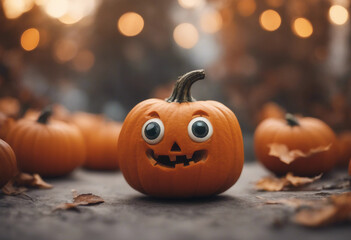 Fototapeta premium Cute Smiling Orange Pumpkin with Eyes and Smile isolated on white transparent background element