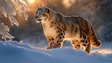 Obraz premium Snow Leopard on Snowy Ridge at Sunrise in Winter Wilderness
