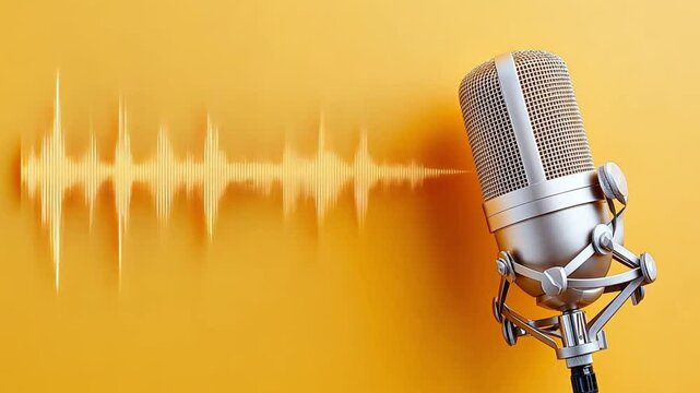 A silver microphone with a sound wave on a yellow background.