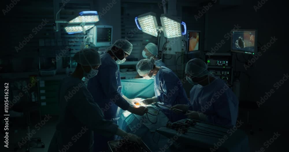 Poster skilled male and female surgical team performing a delicate procedure with a scalpel in a technologi