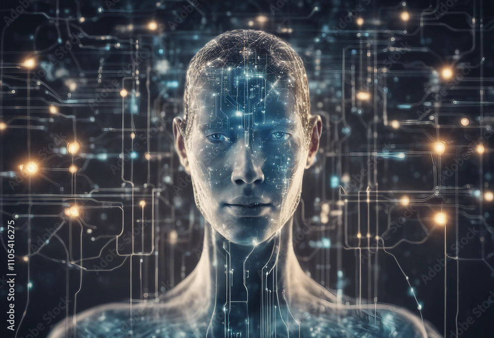 Poster digital artificial intelligence technology featuring a human head with interconnected neural network