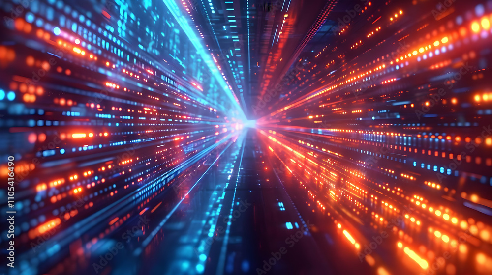 Poster abstract 3d digital data stream tunnel background illustration with glowing red and blue lines conve