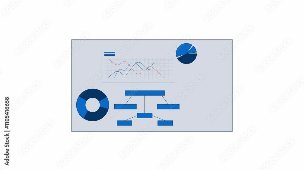 Poster data analysis dashboard with graphs and flowchart 2d object animation. cartoon 4k video, alpha chann