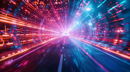 Obraz premium Abstract 3D Digital Tunnel Background: vibrant pink and blue light streaks zoom towards a bright end, creating a futuristic, high-speed journey visual.