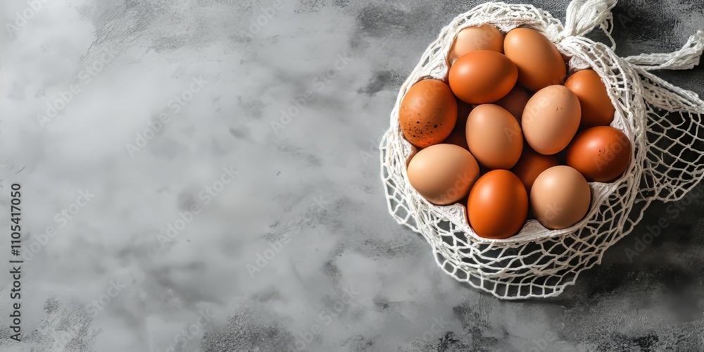 Poster top view of easter decorations featuring a white string bag filled with brown eggs, set against an i