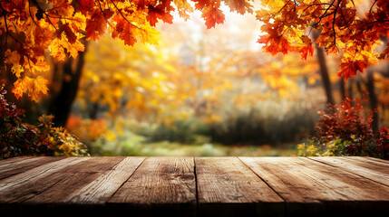 Naklejka na ściany i meble Autumnal Wooden Table Displays Colorful Leaves Background, Blurry Fall Forest Setting, Ideal for Seasonal Designs