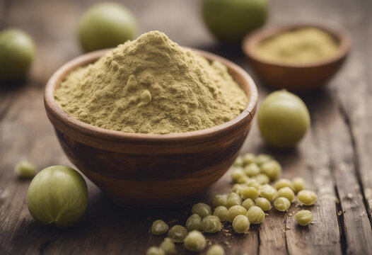 Fresh Amla Powder and Raw Avla on Rustic Wooden Table Ayurvedic Supplement Concept