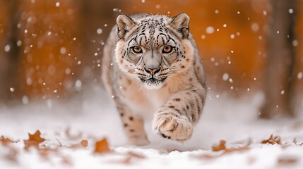 Fototapeta premium Snow Leopard Running Through Autumn Leaves and Snowfall