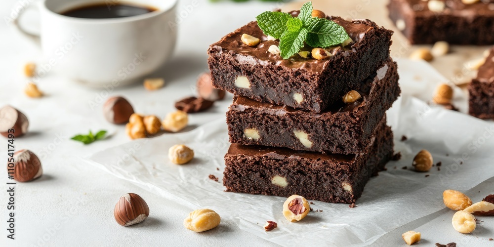 Aufkleber a delightful stack of chocolate brownies featuring mint and hazelnuts sits on baking paper against a