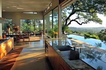 Fototapeta premium Contemporary open kitchen with garden and pool vistas