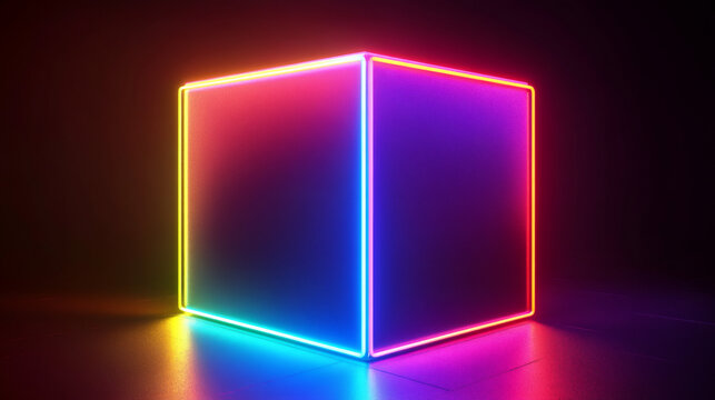 Vibrant neon cube illuminating a dark space with futuristic and colorful vibes