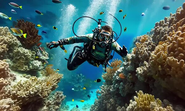 A diver diving underwater among beautiful sealife and corol