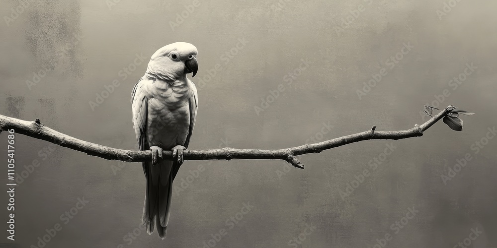 Poster black and white parrot perched on a tree branch against a grey paper background, providing a strikin