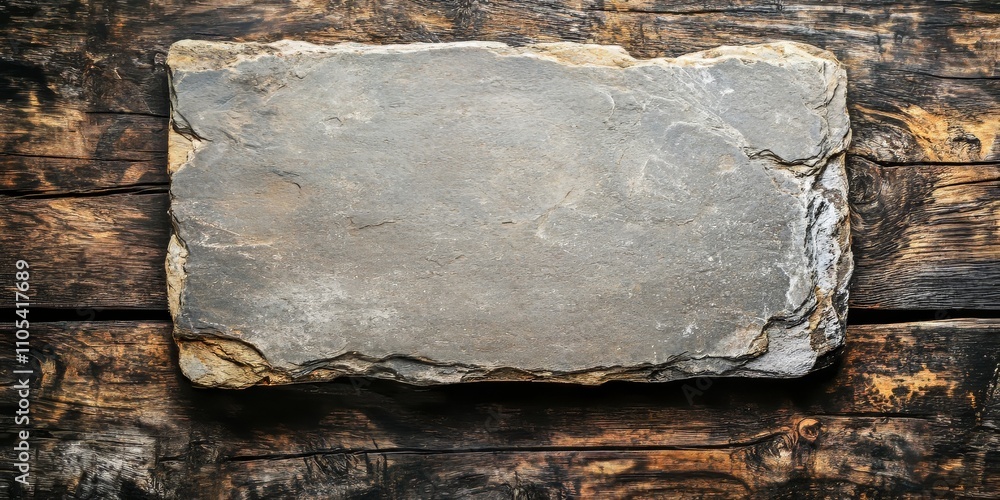 Poster empty stone board resting on a wooden background offers ample copy space. the stone board provides a