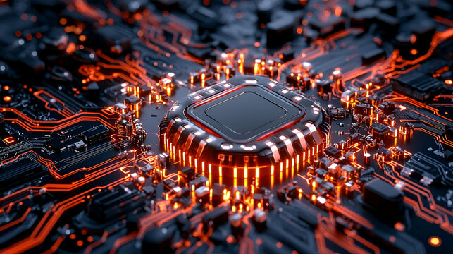 A close-up view of a glowing microchip on a circuit board, showcasing intricate patterns and vibrant orange light effects.