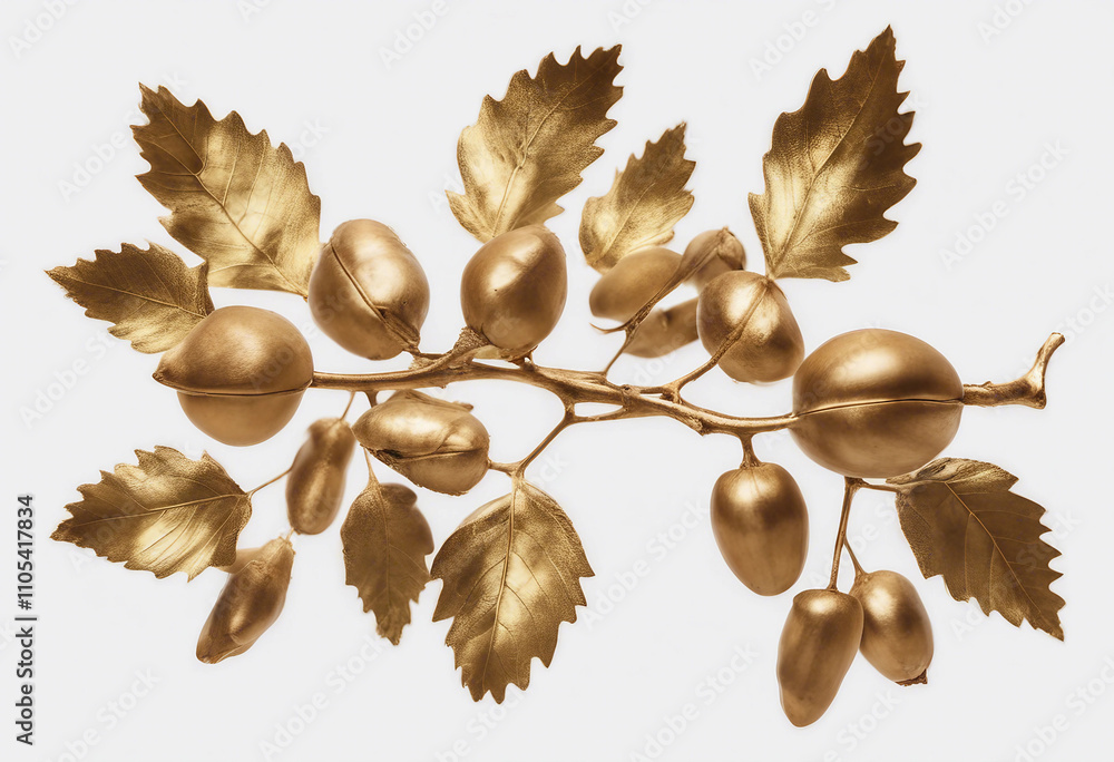 Poster golden metallic twig with acorns and leaves isolated on white transparent background element