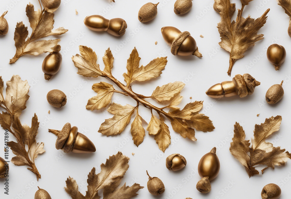 Poster golden metallic twig with acorns and leaves isolated on white transparent background element