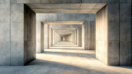Captivating urban atmosphere: long concrete corridor with modern symmetrical architecture and abstract industrial vibe