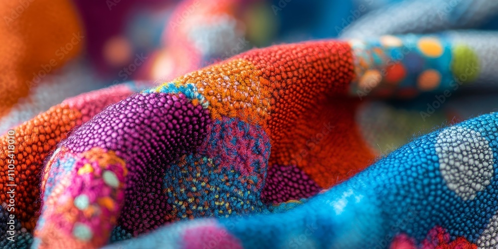 Poster Close up of a textured fabric featuring vibrant spotty colors, showcasing the unique design and intricate details of the fabric. This fabric texture adds character to various creative projects.