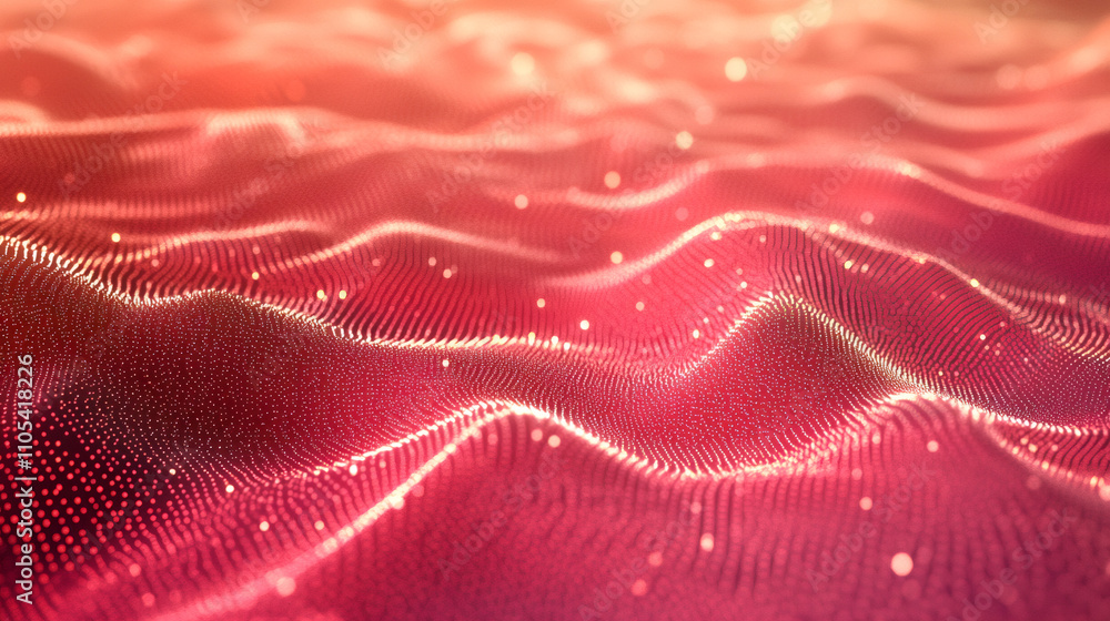 Poster red particle abstract background with wavy landscape and bokeh effect, evoking depth and motion