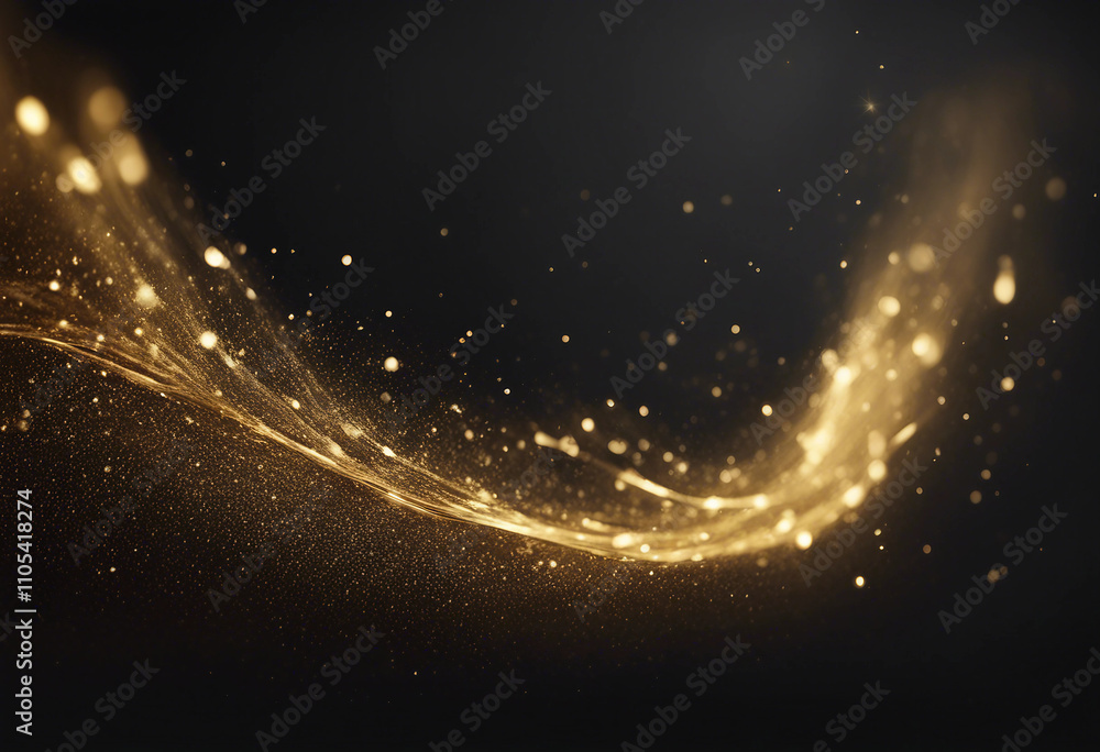 Aufkleber golden waves with sparkling particles flowing on a black background horizontal curved line of golden