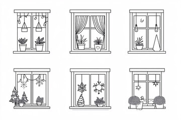 Six minimalist black-and-white window illustrations featuring plants and seasonal decorations in a clean and simple style  
