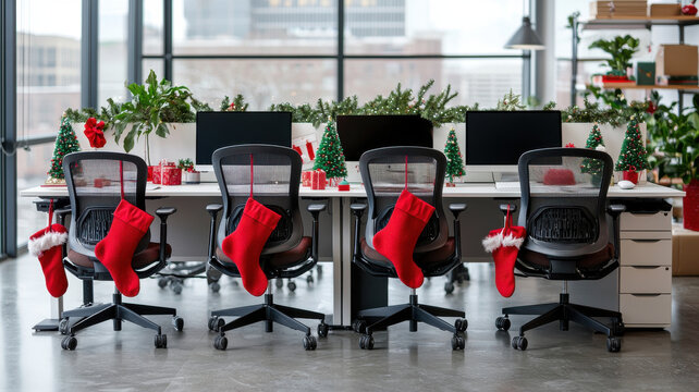 Christmas workspace festive theme, festive shared workspace decorated with Christmas elements and stockings