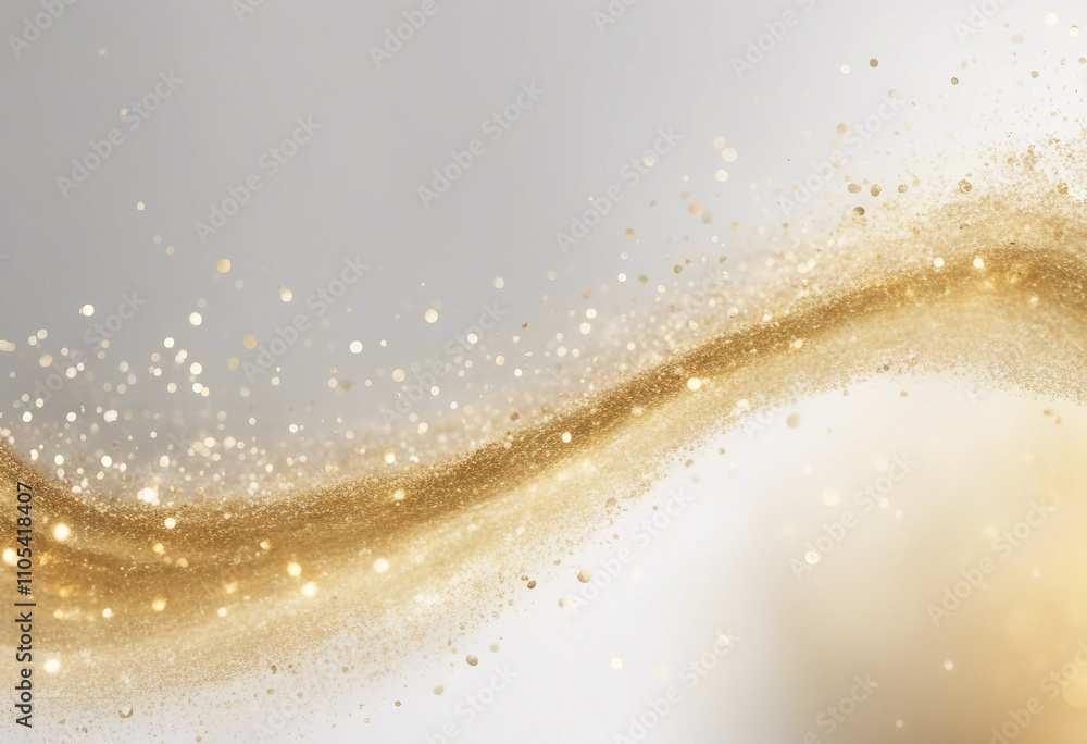 Poster golden waves with sparkling particles flowing on a white background horizontal curved line of golden