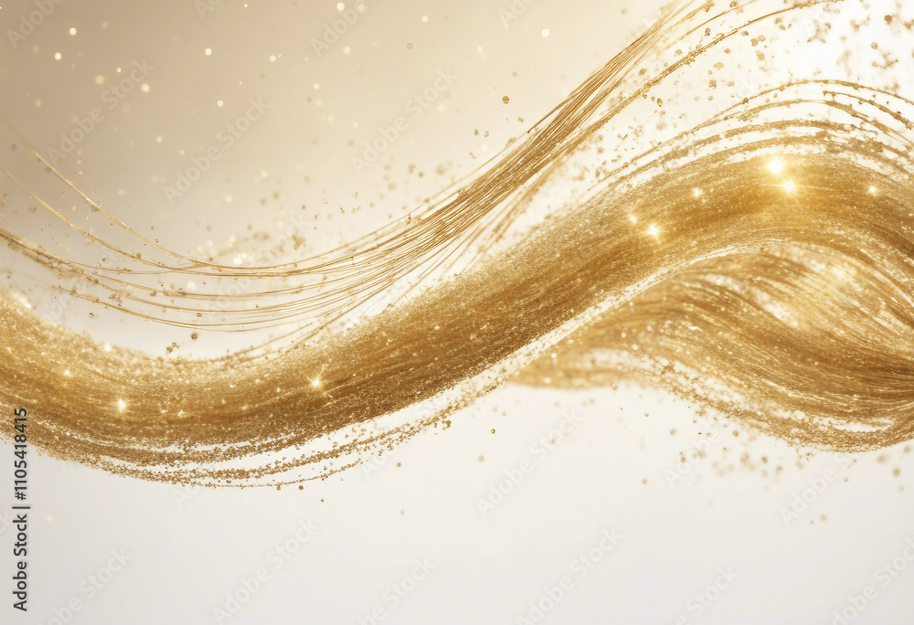Poster golden waves with sparkling particles flowing on a white background horizontal curved line of golden