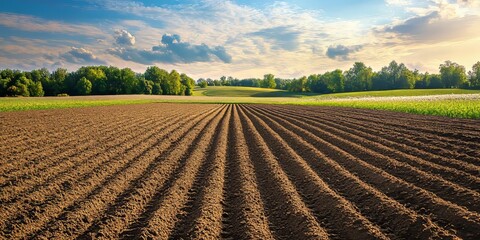 Obraz premium Plowed agricultural field prepared for grain sowing, showcasing a well structured plowed field during the summer season, ideal for showcasing agricultural practices and processes.