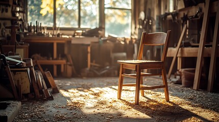 A handmade wooden chair placed in a workshop, tools and shavings scattered around