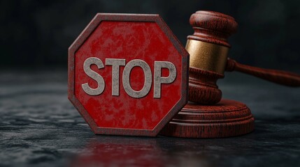 Red Stop Sign Beside Wooden Gavel on Dark Background