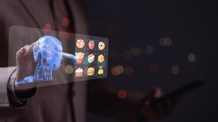 Transactions, Food via an app concept. A man is holding a tablet and menu of food items with introduce as AI. The menu includes items such as sandwiches, cookies, and cakes