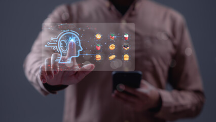 Transactions, Food via an app concept. A man is holding a tablet and menu of food items with introduce as AI. The menu includes items such as sandwiches, cookies, and cakes