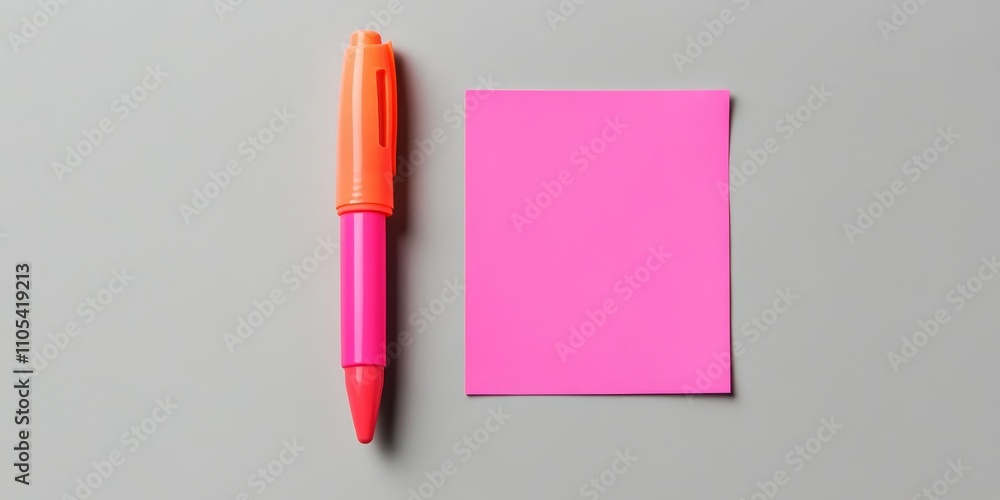 Poster bright pink marker placed alongside a sticky note on a light grey background, showcasing a flat lay 