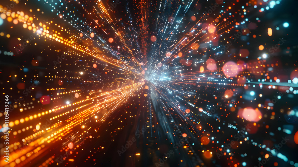 Poster abstract 3d digital art: glowing particles converge in a dynamic, energetic burst of light and color