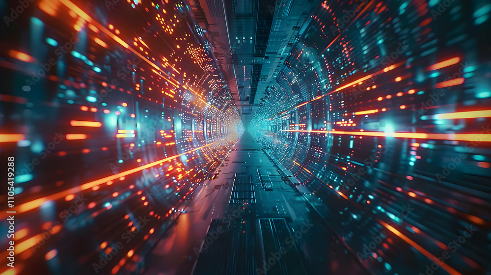Poster abstract 3d digital tunnel of light: data streams and glowing particles in vivid orange and teal, fu