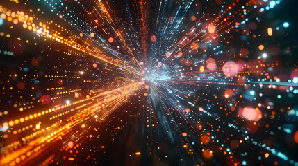 Naklejka premium Abstract 3D Digital Art: Glowing Particles Converge in a Dynamic, Energetic Burst of Light and Color, Creating a Vivid and Hypnotic Visual Experience.