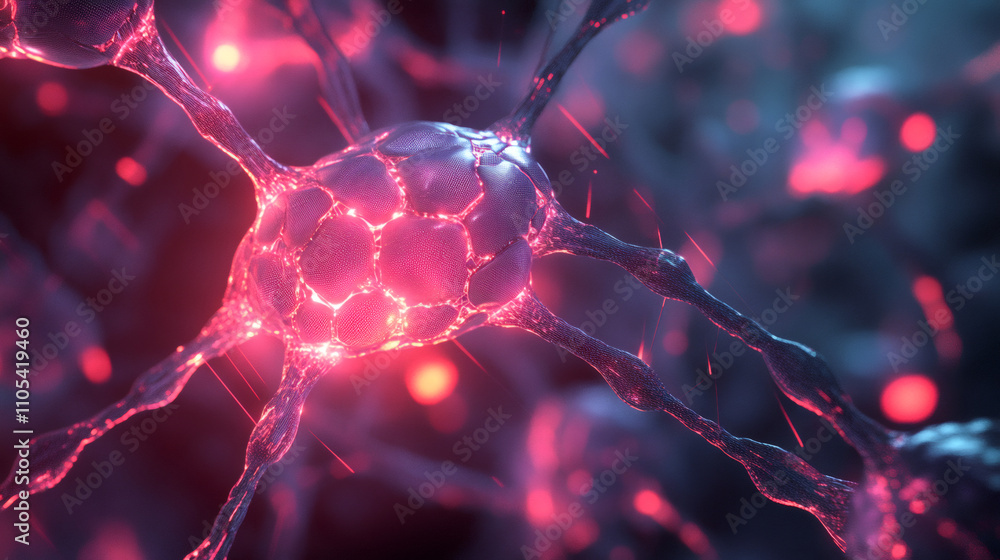 Aufkleber Microscopic view of a neuron transmitting electrical signals through its network, representing the complex workings of the brain
