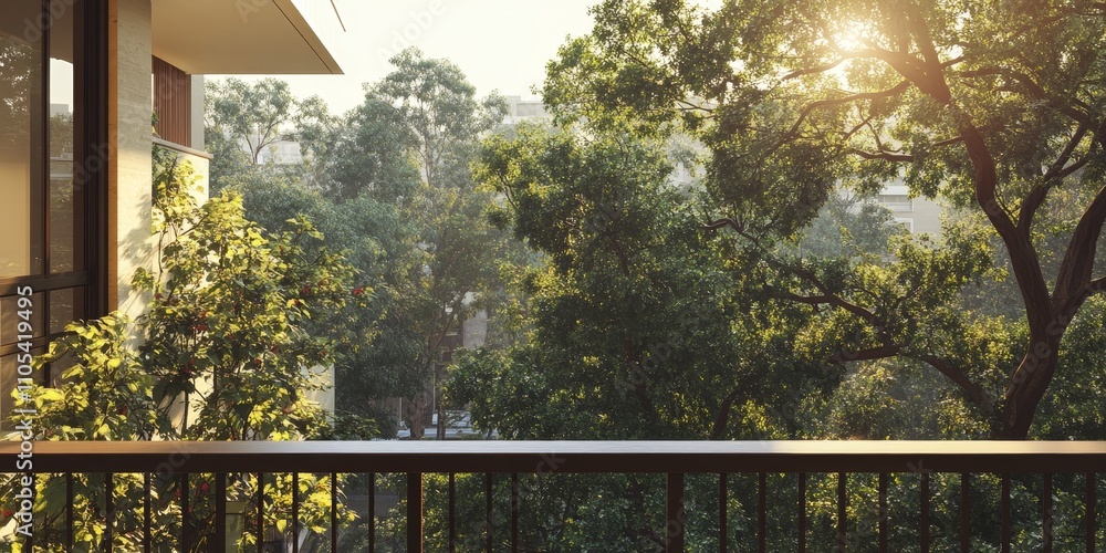Poster Morning views featuring various tree branches captured from a balcony create a serene atmosphere. These tree branches enhance the natural beauty of the surroundings, inviting tranquility.
