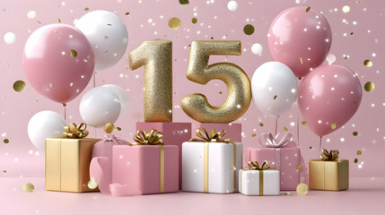 3D Rendered Birthday Scene with Glittery Gold Number 15, Pink and White Balloons, and Gifts on a Pink Background