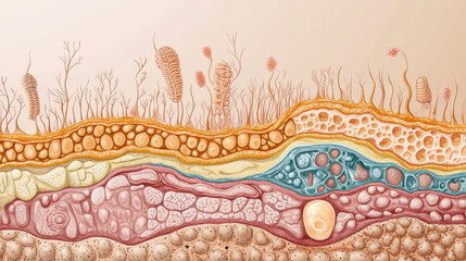 Detailed Illustration of Skin Layers and Microorganisms Showing Biological Structures, Cell Types, and Textures within Human Skin for Educational and Scientific Purposes
