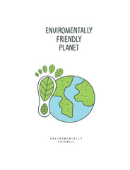 Vector cartoon sketch of earth and green footprint as a planet conservation sign. Illustration of environmentally friendly planet.Green energy concept.