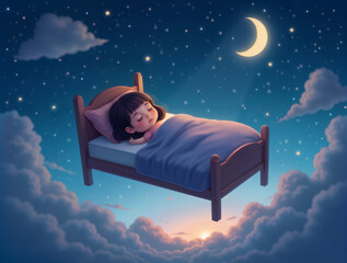 A little girl sleeping peacefully in a bed floating among clouds under a starry sky