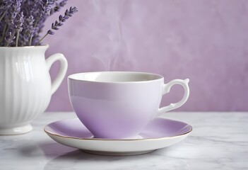A pastel lavender backdrop featuring an elegant white teacup and saucer on a reflective surface, Ai Generated