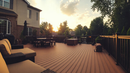 Obraz premium Sunset over a spacious wooden deck with seating and a dining area in a serene neighborhood garden