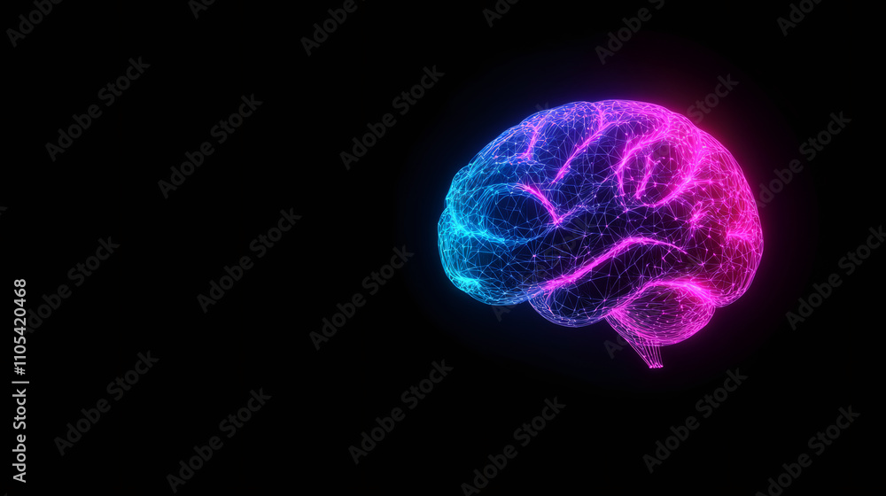Aufkleber Artificial intelligence concept with glowing polygonal brain is processing data on dark background