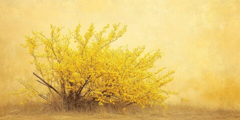 Vibrant yellow shrub basking in the sunshine, with a singular sharp point of a stick in the lower left corner. The diffused background enhances the striking yellow tones throughout the scene.